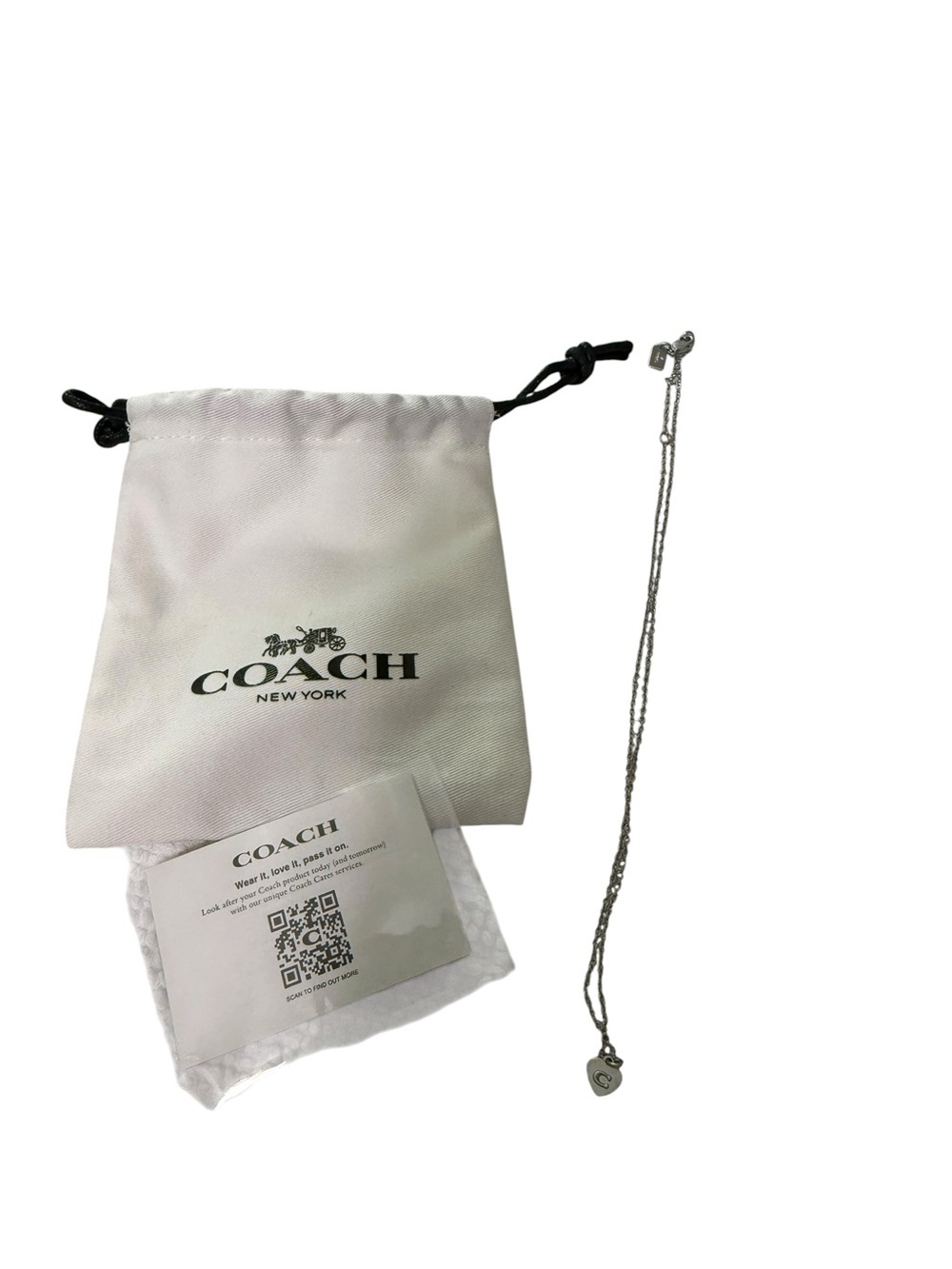 Coach Silver Tone Heart C Logo Pendant Necklace with Dust Bag and Care Card